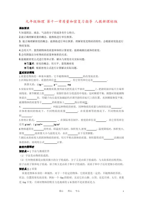 九年级物理 第十一章质量和密复习指导 人教新课标版