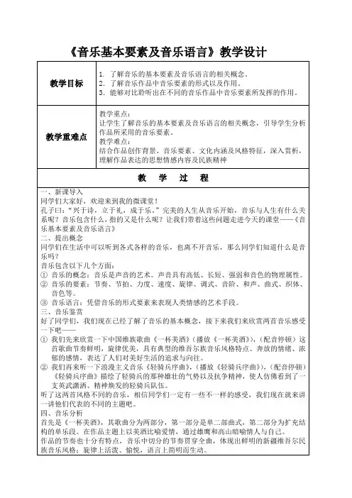 音乐《音乐要素及音乐语言》高中音乐鉴赏主题教学设计教案