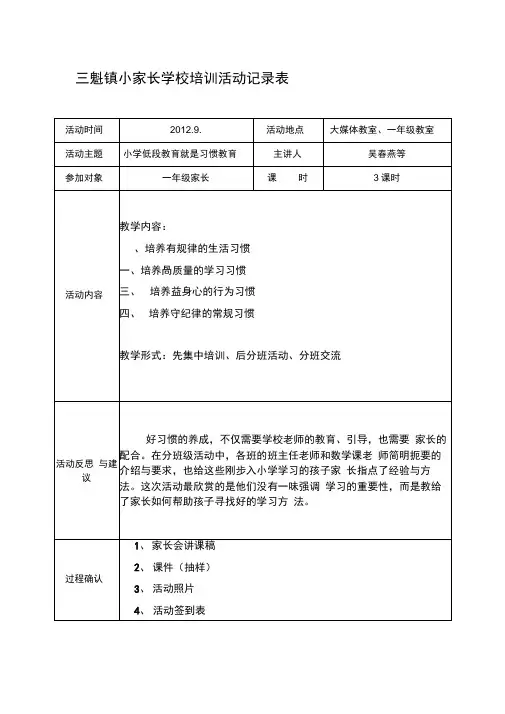 三魁镇小家长学校培训活动记录表