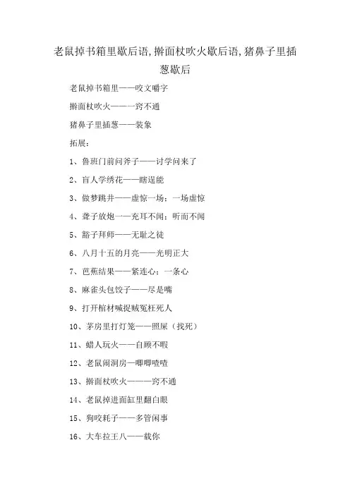 老鼠掉书箱里歇后语,擀面杖吹火歇后语,猪鼻子里插葱歇后