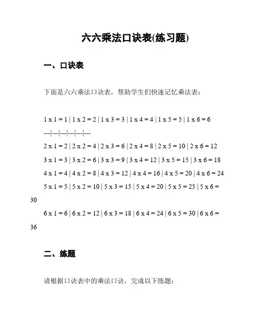 六六乘法口诀表(练习题)