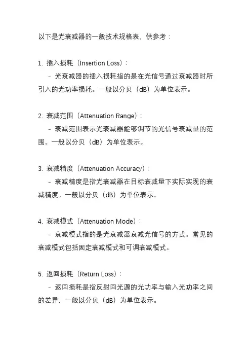 光衰减器技术规格表