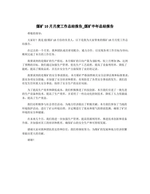 煤矿10月月度工作总结报告_煤矿半年总结报告