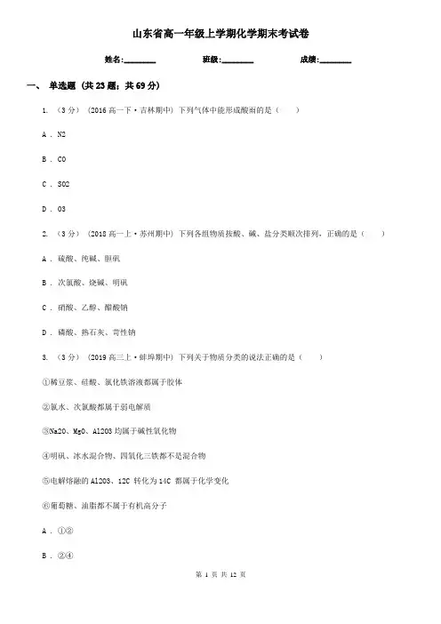 山东省高一年级上学期化学期末考试卷