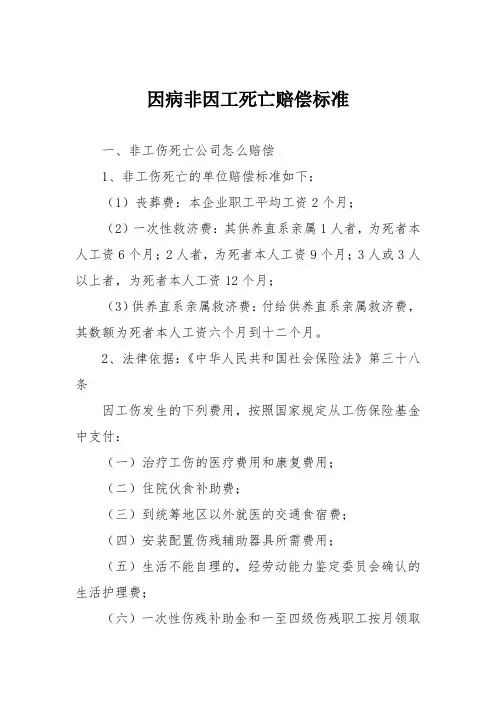 因病非因工死亡赔偿标准