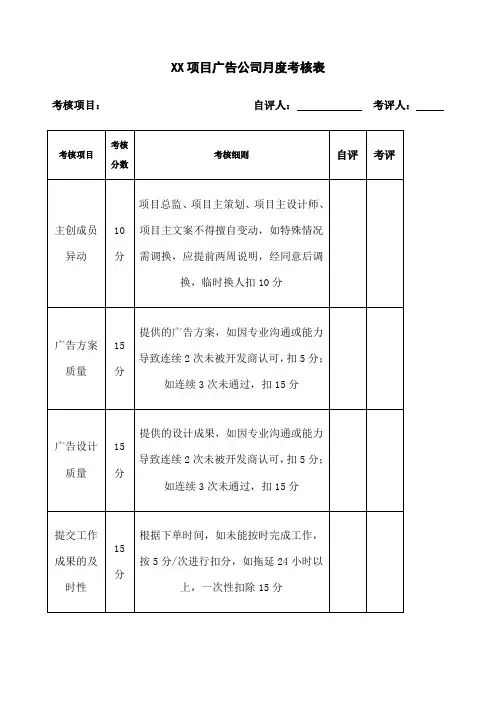 项目广告公司月度考核表