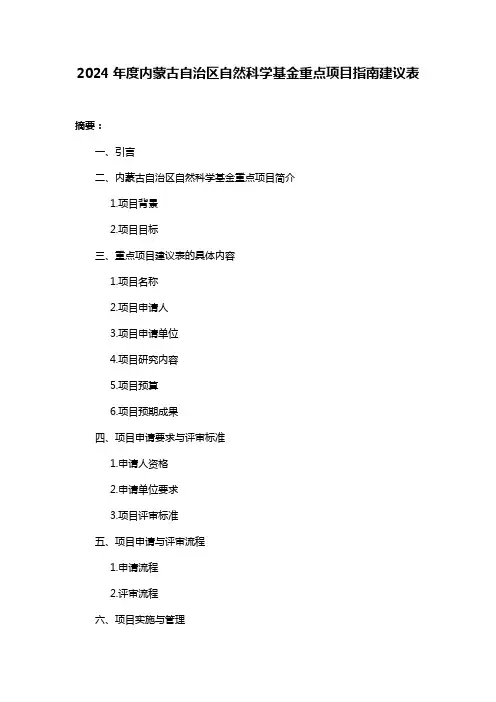 2024年度内蒙古自治区自然科学基金重点项目指南建议表
