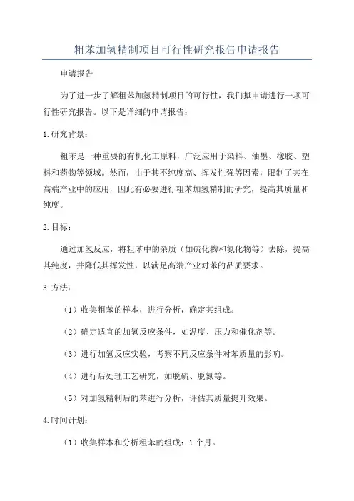 粗苯加氢精制项目可行性研究报告申请报告