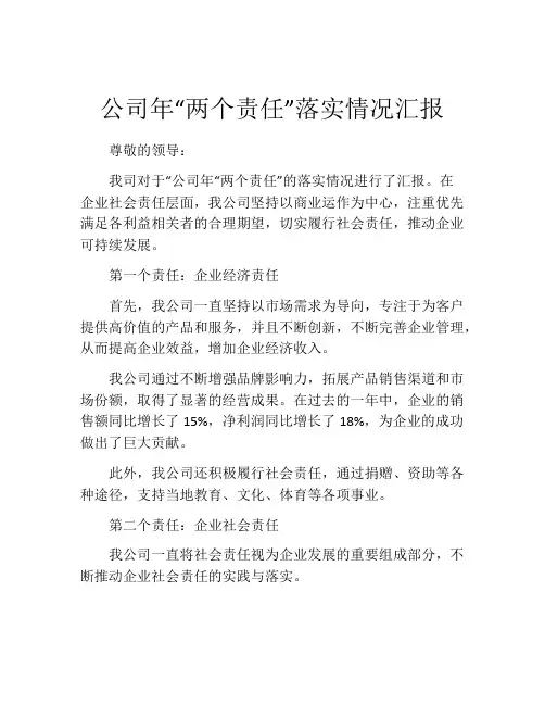 公司年“两个责任”落实情况汇报