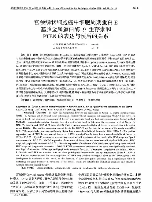 宫颈鳞状细胞癌中细胞周期蛋白E基质金属蛋白酶-9生存素和PTEN的表达与预后的关系