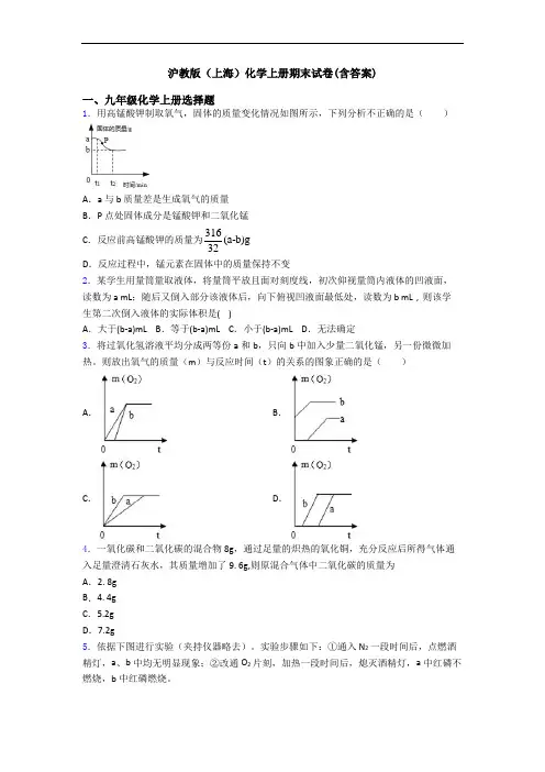 沪教版(上海)化学初三化学上册期末试卷(含答案)