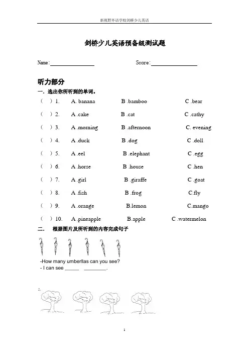 剑桥少儿英语预备级下册测试题