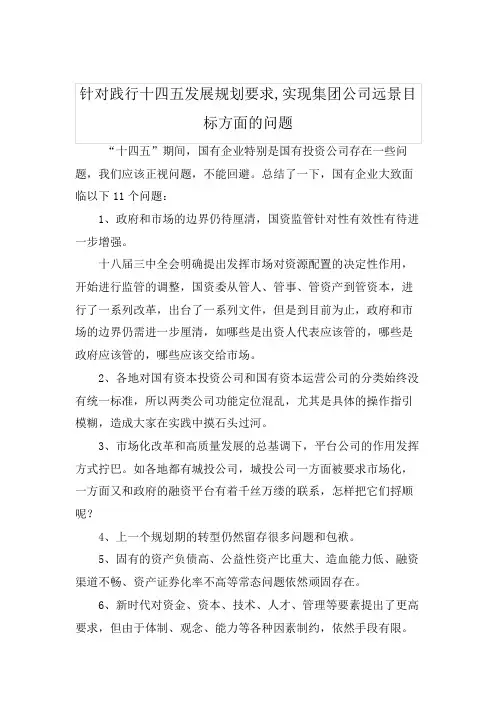 针对践行十四五发展规划要求,实现集团公司远景目标方面的问题