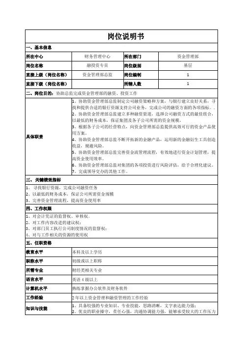 融投资专员岗位说明书