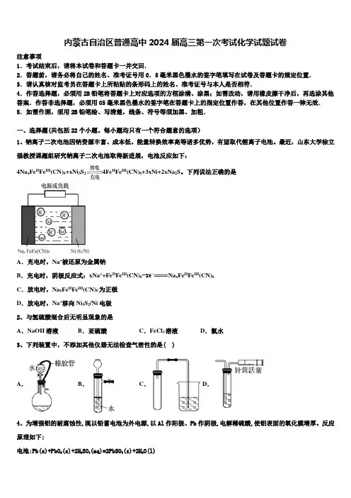 内蒙古自治区普通高中2024届高三第一次考试化学试题试卷含解析
