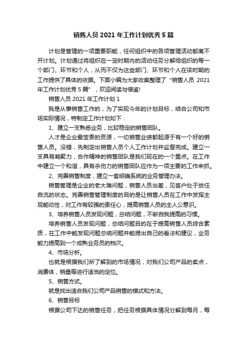 销售人员2021年工作计划优秀5篇