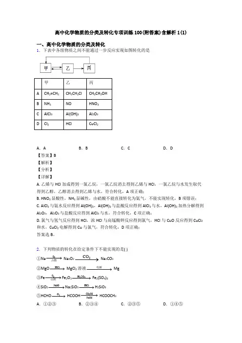高中化学物质的分类及转化专项训练100(附答案)含解析1(1)