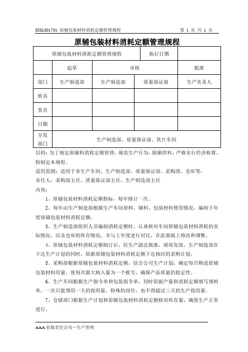 GMP体系文件原辅包装材料消耗定额管理规程