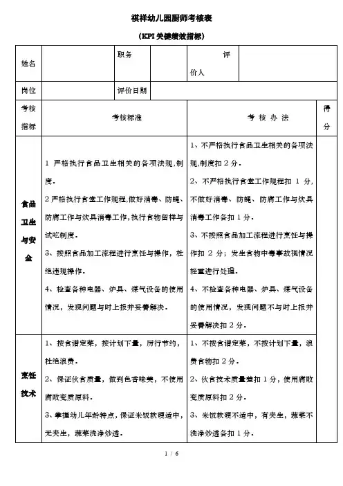 厨师绩效考核表