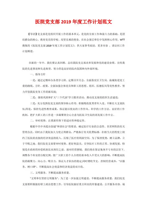 医院党支部2020年度工作计划范文
