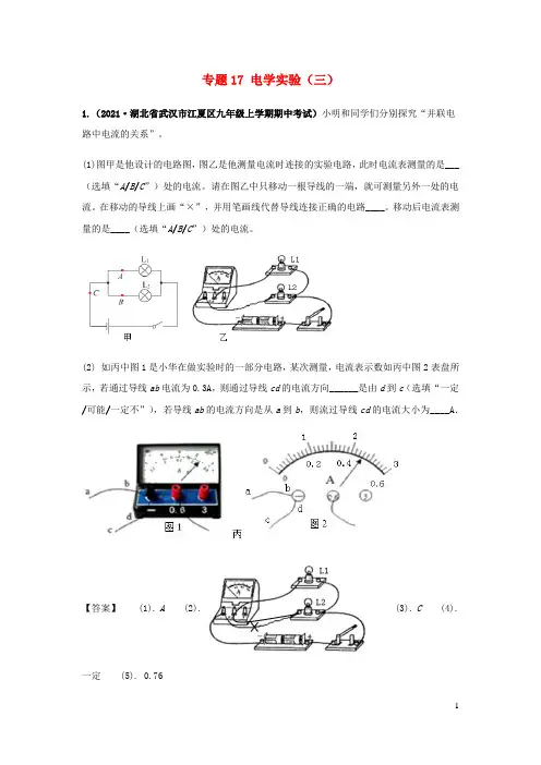 2020_2021学年九年级物理上学期期中试题专题17电学实验三含解析