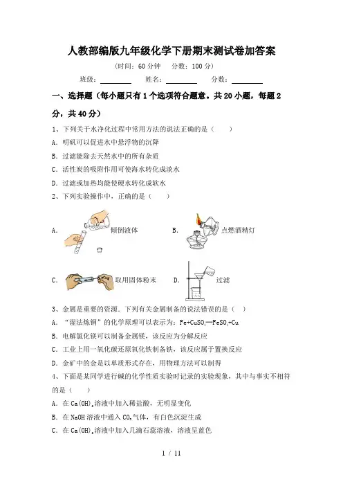 人教部编版九年级化学下册期末测试卷加答案