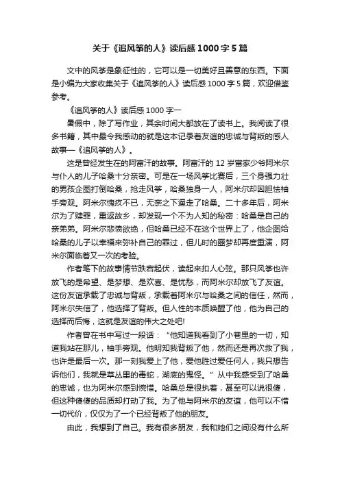 关于《追风筝的人》读后感1000字5篇