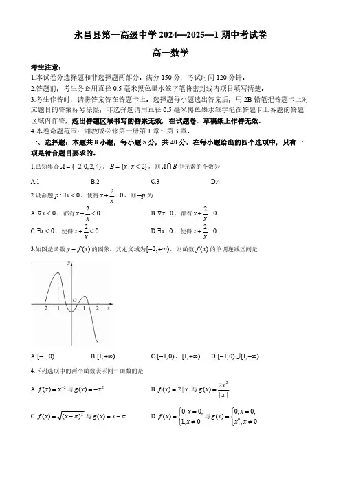 甘肃省金昌市永昌县第一高级中学2024-2025学年高一上学期期中考试数学试卷(含解析)