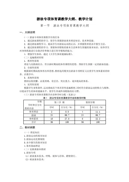 游泳专项体育课教学大纲、教学计划
