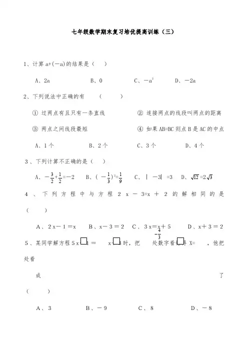 七年级数学期末复习培优提高训练(三)及答案