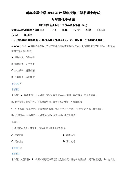 ：江苏省连云港市海州区新海实验中学2018-2019学年九年级下学期期中化学试题(解析版)