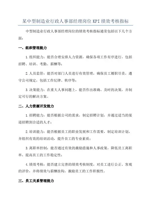 某中型制造业行政人事部经理岗位KPI绩效考核指标