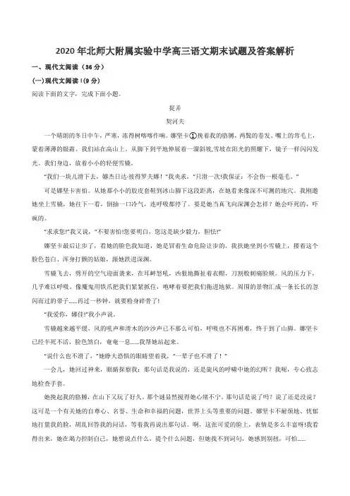 2020年北师大附属实验中学高三语文期末试题及答案解析