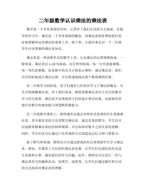 二年级数学认识乘法的乘法表