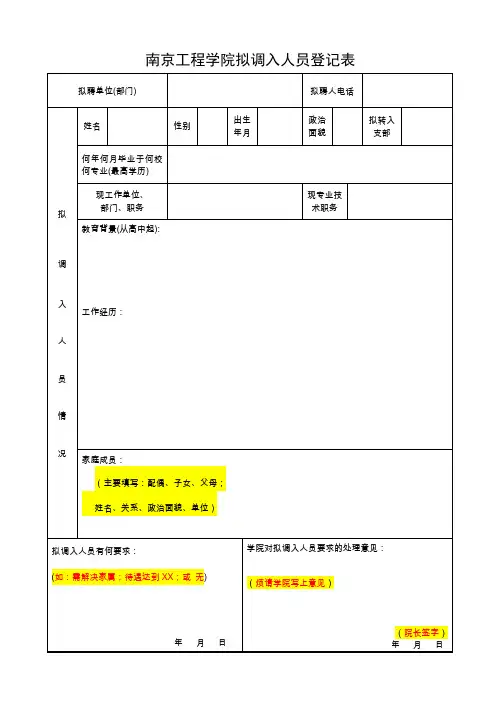 南京工程学院拟调入人员登记表