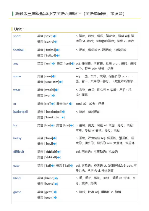 冀教版三年级起点小学英语六年级下(英语单词表)
