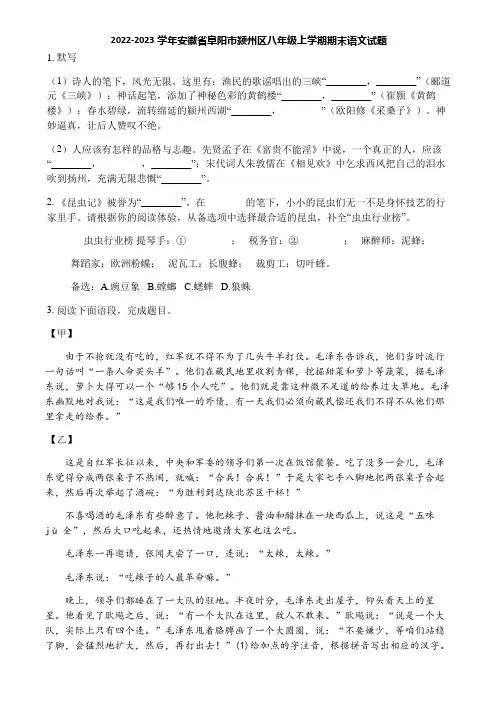 2022-2023学年安徽省阜阳市颍州区八年级上学期期末语文试题