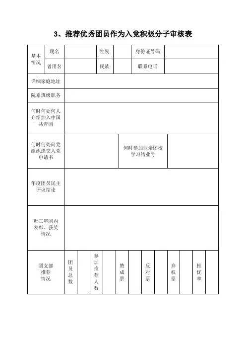 推荐优秀团员作为入党积极分子审核表