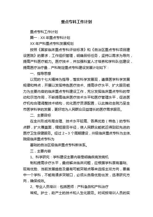 重点专科工作计划