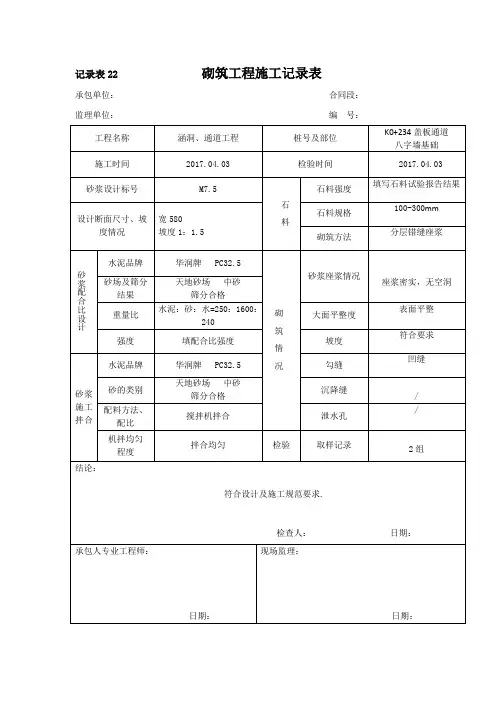 砌筑工程施工记录表