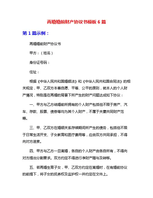 再婚婚前财产协议书模板6篇
