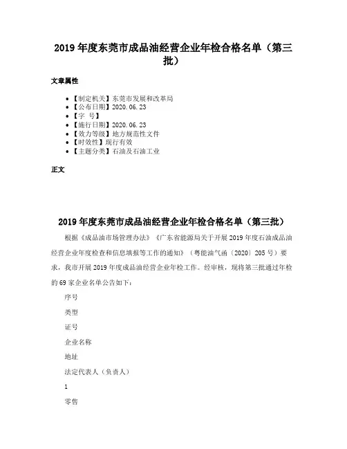 2019年度东莞市成品油经营企业年检合格名单（第三批）