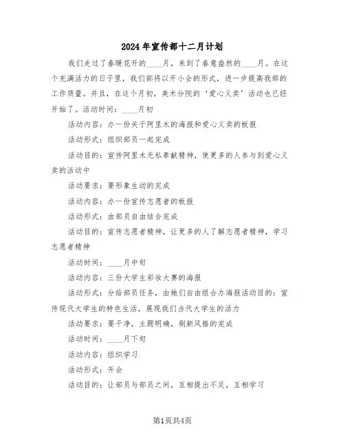 2024年宣传部十二月计划(二篇)