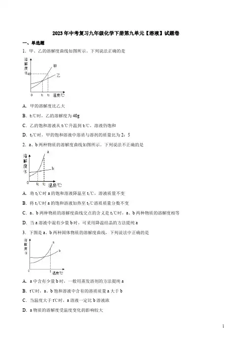 2023年中考复习人教版九年级化学下册第九单元【溶液】试题卷附答案