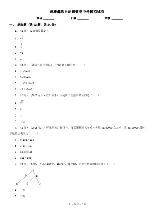 楚雄彝族自治州数学中考模拟试卷