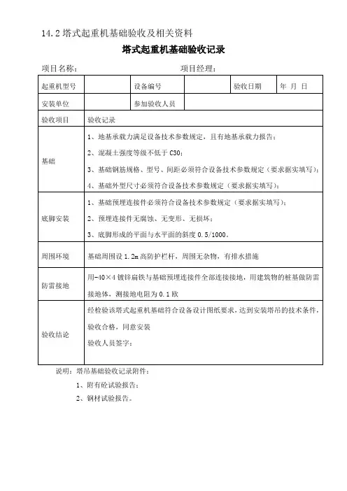 塔式起重机基础验收及相关资料