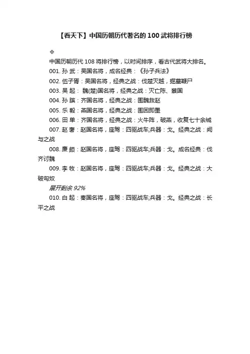【看天下】中国历朝历代著名的100武将排行榜
