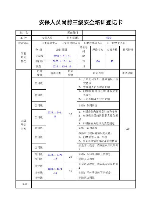 安保人员岗前三级安全培训登记卡