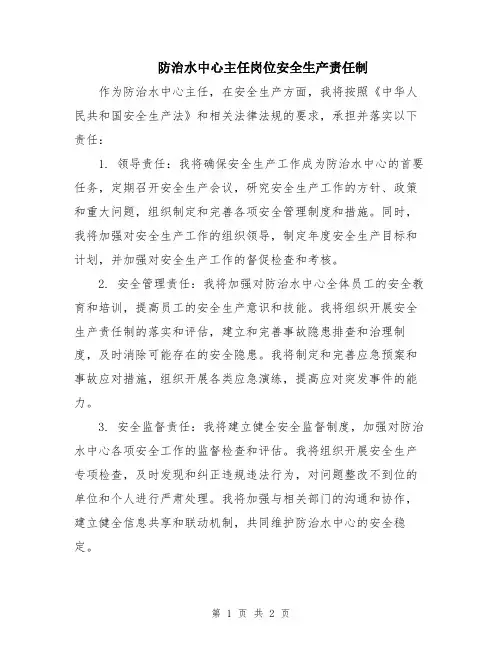 防治水中心主任岗位安全生产责任制