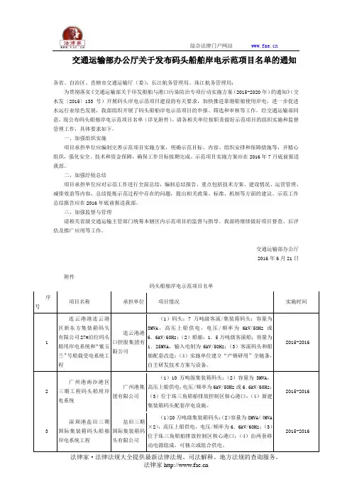 交通运输部办公厅关于发布码头船舶岸电示范项目名单的通知-国家规范性文件